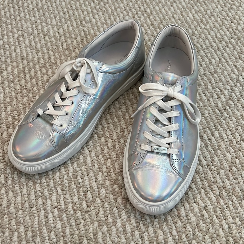 J/SLIDES iridescent tennis shoes from Anthropologie